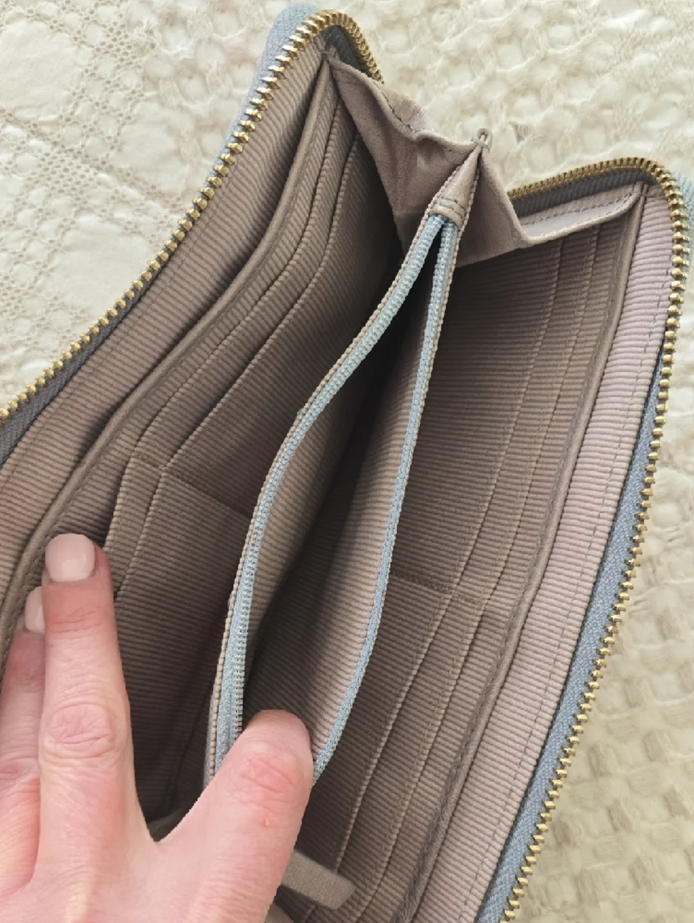margot Taupe Leather Zip Wristlet Wallet with Blue Trim Normcore Anthropologie